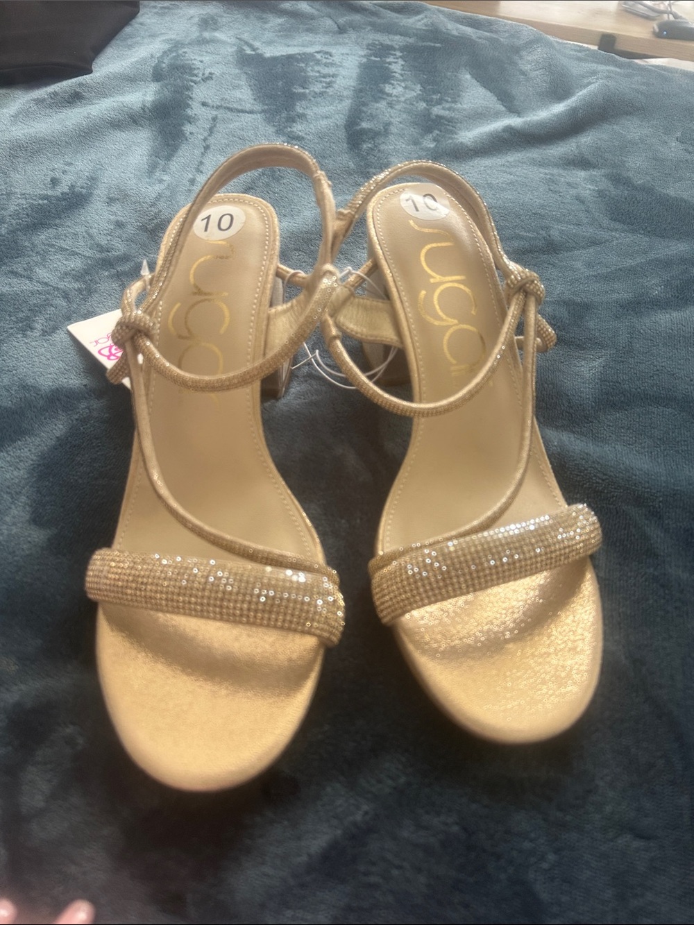 Sugar Gold Rhinestone Block Heel Sandals - Picture 2 of 3